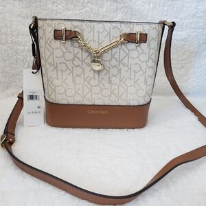 Calvin Klein Adrina Signature Cream and Brown Crossbody Bag